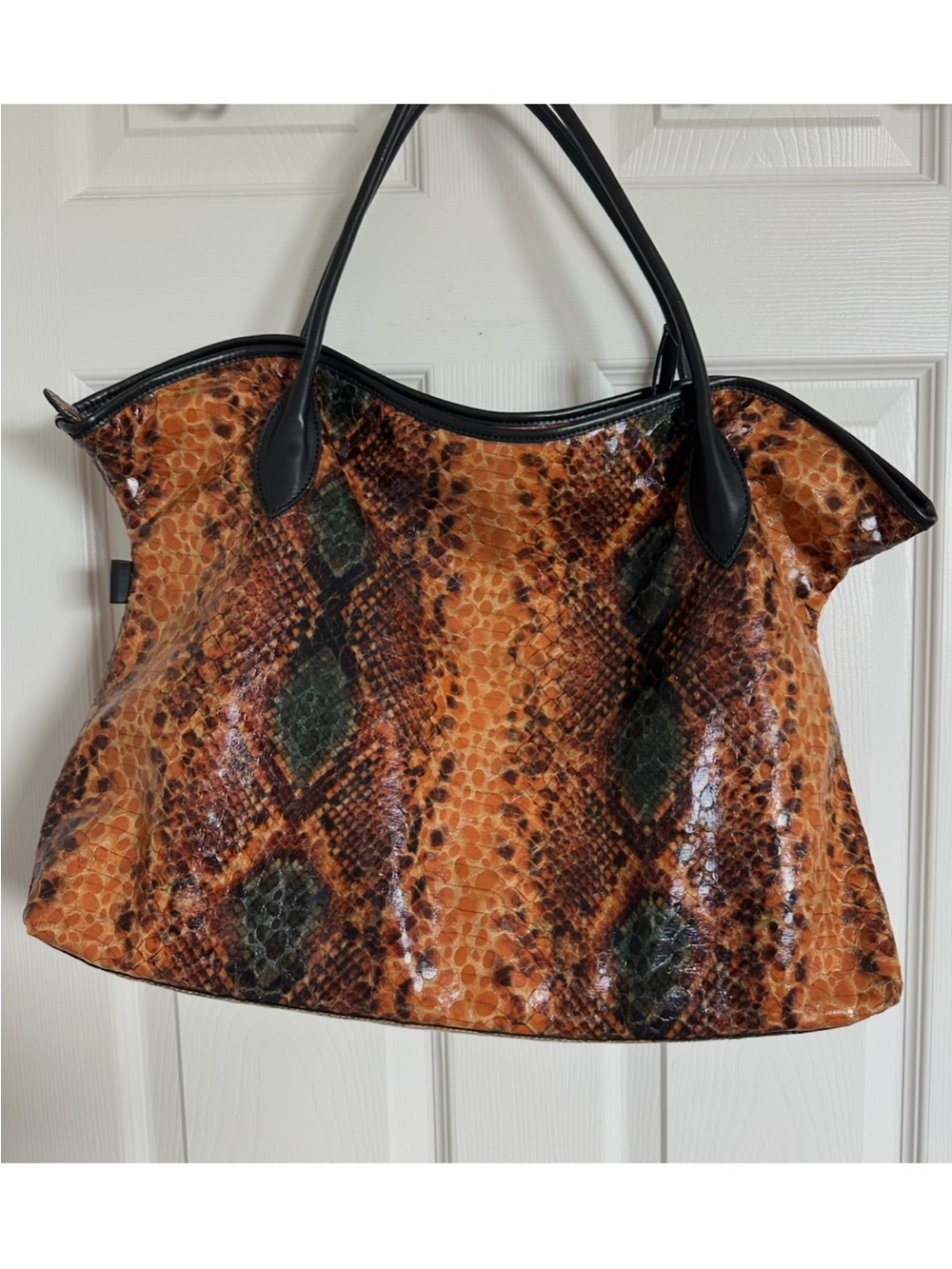 Sorial Snake-Print Tote in Brown and Black with Olive Accents bag